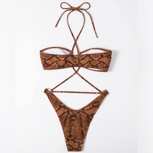 Brown Snakeskin Animal Print Strappy Thong Bikini Swimsuit One Piece S Small - Picture 3 of 3